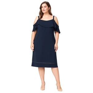 Maggy London Dress 14 Blue Off Shoulder Flounce‎ Crepe Ruffle Lined Shift Chic